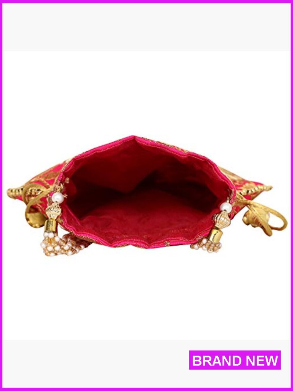 Ethnic Potli Bag Pearl Handle Floral Clutch Drawstring Closure Wristlet - Picture 7 of 7